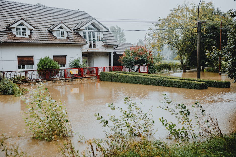 A flooded residential area with water covering the lawn and street outside a white house with a tiled roof. The house has windows with shutters, a small balcony, and a front garden with green bushes and a trimmed hedge. Visible trees with autumn-colored leaves are in the background, and the overall scene is overcast with rain contributing to the floodwaters. Utility poles and power lines are also visible in the background, indicating a suburban setting. The image illustrates flood conditions that may require surface cleaning and dry-up solutions by professionals like Putney Carpet Cleaning, especially in SW15 homes, to restore safety and hygiene.