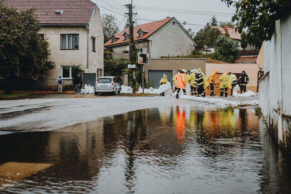 A residential street in Putney during a flood, featuring a two-story house with a tiled roof and multiple dormer windows. The driveway and front yard are submerged under water, extending across the entire street, with reflections visible on the flooded surface. A tall utility pole stands near the centre of the scene, with overhead power lines crossing above. Trees on the right and left edges of the image have leaves that are partially submerged, indicating sustained flooding. The monochrome photo captures the extensive water coverage and the quiet, still atmosphere following heavy rain, highlighting the importance of effective flood cleanup and surface dry-out solutions provided by Putney Carpet Cleaning to restore homes affected by such events.