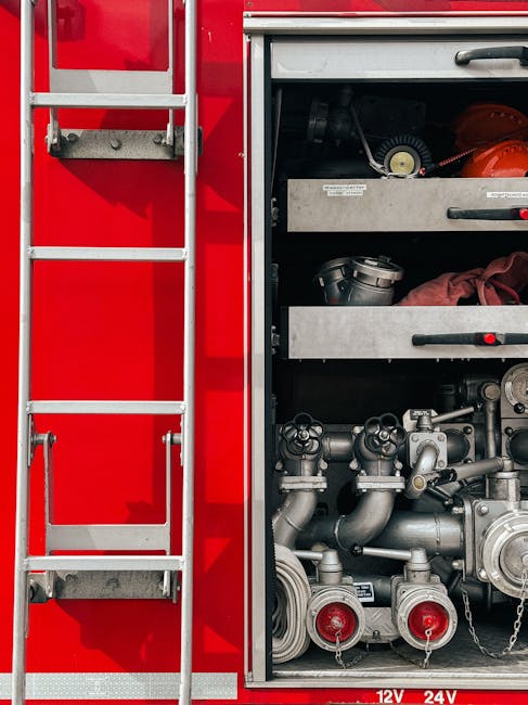 A close-up view of a commercial fire rescue truck's equipment compartment, featuring a red exterior with a silver ladder attached on the left side. Inside the compartment, various firefighting tools and machinery are visible, including hoses, nozzles, and control valves made of metal, with some parts having a shiny, metallic finish. The equipment is organized on black shelves and panels, with some items partially stored in metal containers. The lighting inside the compartment enables clear visibility of the equipment's condition, highlighting clean and well-maintained surfaces. The image emphasizes the importance of proper storage and maintenance of firefighting tools as part of emergency services, demonstrating the professional appearance of Putney Carpet Cleaning's expertise in surface cleaning and sanitisation during emergency response scenarios.