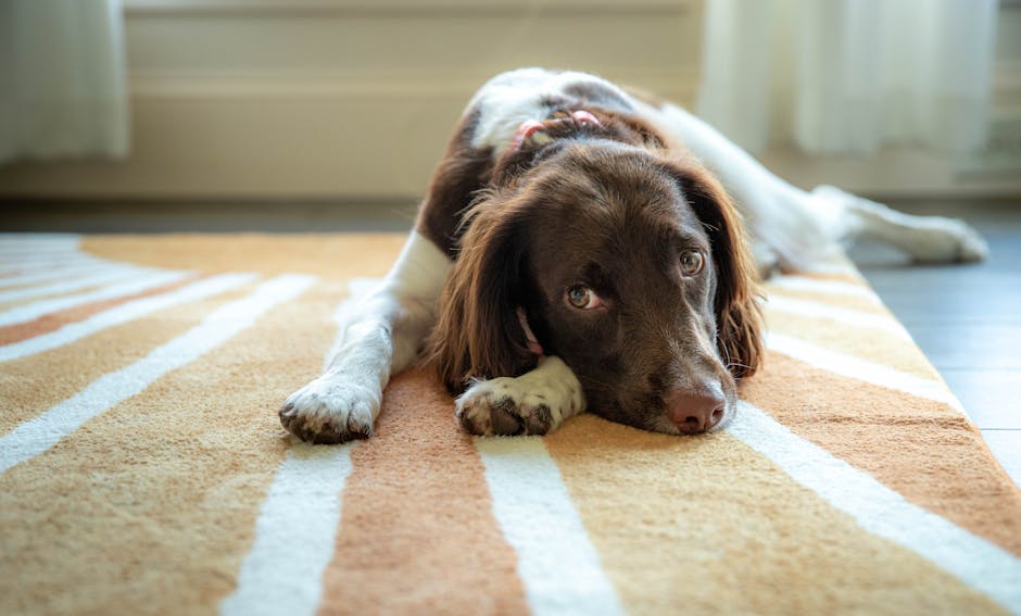 A brown and white spaniel dog lying on a striped beige and white carpet in a well-lit room with large windows and sheer curtains, appearing clean and well-maintained. The dog is resting on its stomach with its head slightly raised, looking alert yet relaxed. Visible behind the dog are smooth wooden flooring and light-colored curtains, contributing to a tidy and hygienic indoor environment suitable for domestic cleaning. The image highlights the importance of surface cleaning and maintenance for hygiene, as promoted by Putney Carpet Cleaning, a reputable local cleaning service specializing in deep cleaning and odour removal, including pet urine odours from carpets.